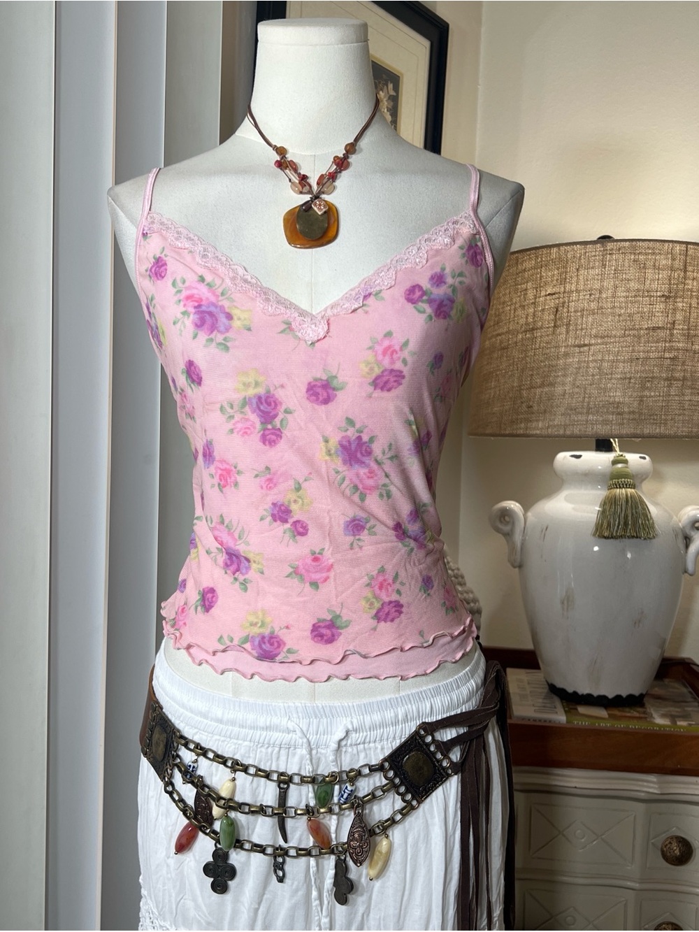 American Vintage Pink Floral Lace-Trim Camisole